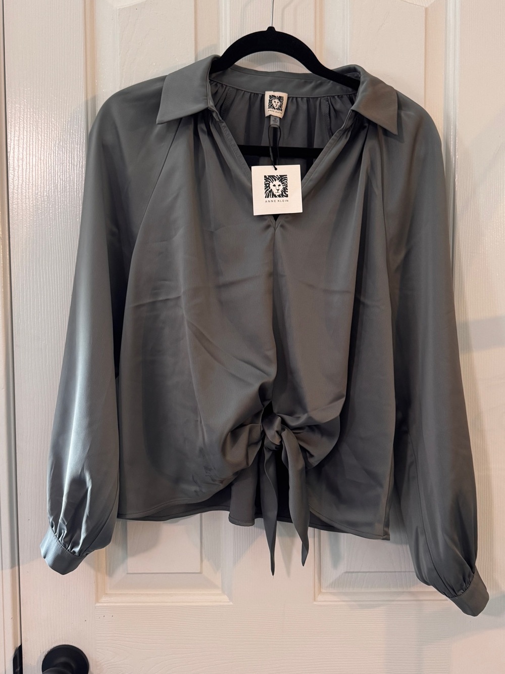 Anne Klein Gray Satin Tie-Front Blouse